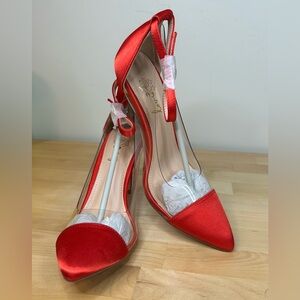 Love Red Satin Stiletto Heels Size 8 Clear Panel Ankle Strap Pumps NWT